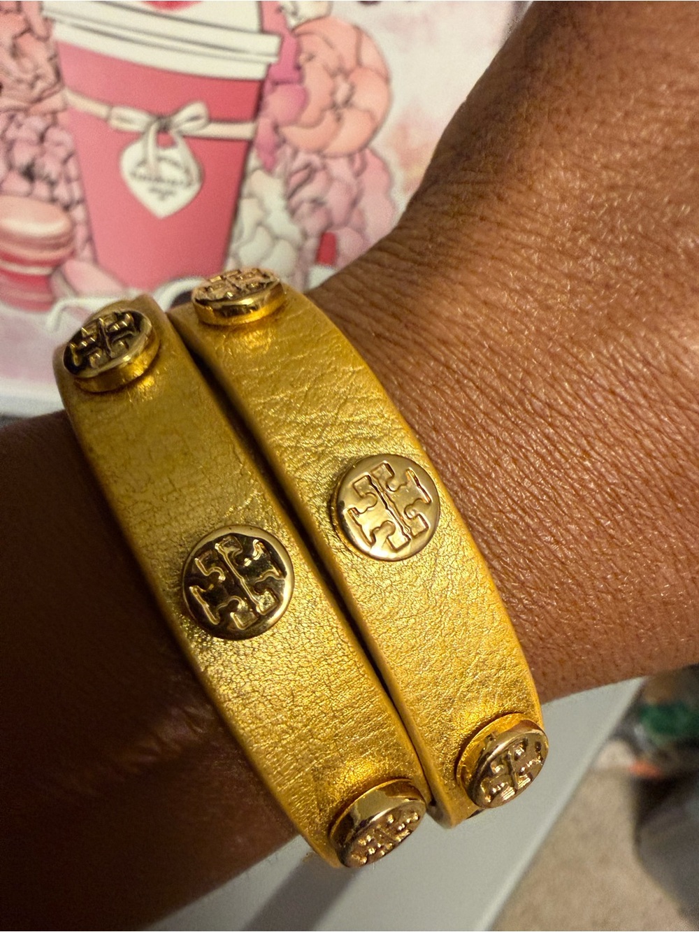 Tory Burch Metallic Gold Leather Double Wrap Bracelet with Logo Studs